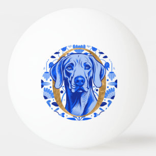 Weimaraner, der durch den Buchstaben "O" in Gold s Tischtennisball