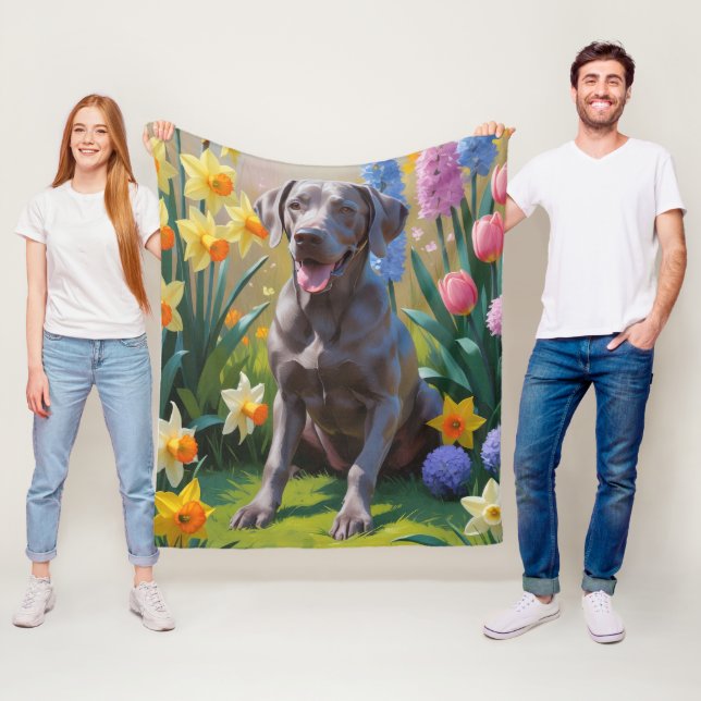 Weimaraner Dog Spring Blumen Malerei Fleecedecke (Beispiel)