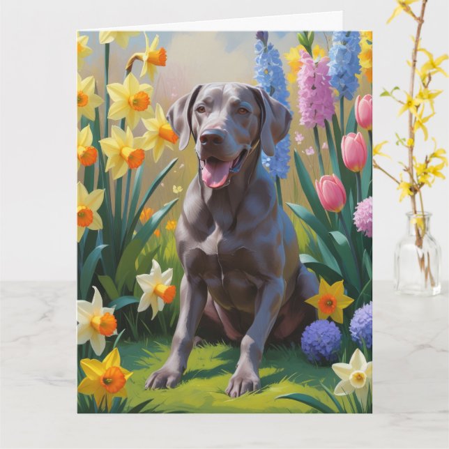 Weimaraner Dog Spring Blumen Malerei Karte (Gelbe Blume)