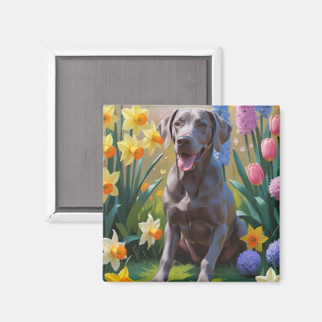 Weimaraner Dog Spring Blumen Malerei Magnet (Vorderseite/Rückseite)
