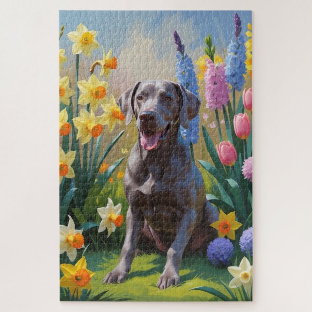 Weimaraner Dog Spring Blumen Malerei Puzzle (Vertikal)
