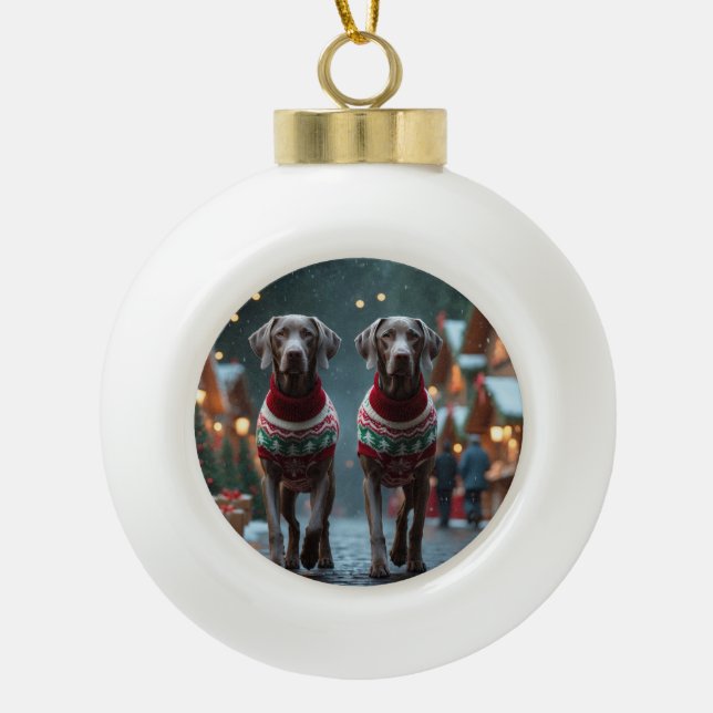 Weimaraner Dogs Christmas Snow Holiday Keramik Kugel-Ornament (Vorderseite)