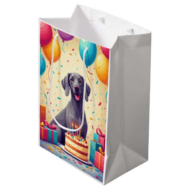 Weimaraner Geburtstagsfeier Mittlere Geschenktüte (Vorderseite Schrägansicht)