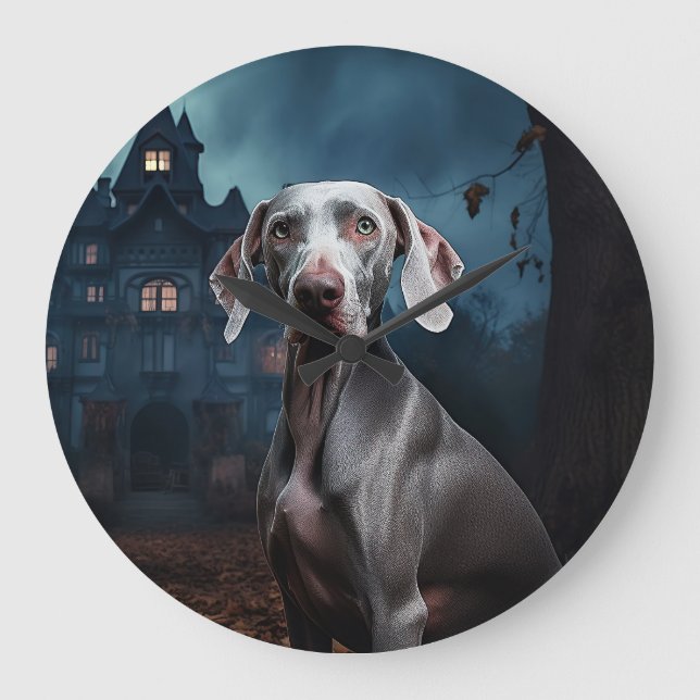 Weimaraner Halloween Beängstigend Große Wanduhr (Vorderseite)