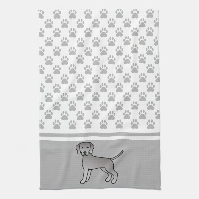 Weimaraner Hund Cartoon Illustration & Paws Muster Geschirrtuch (Vertikal)