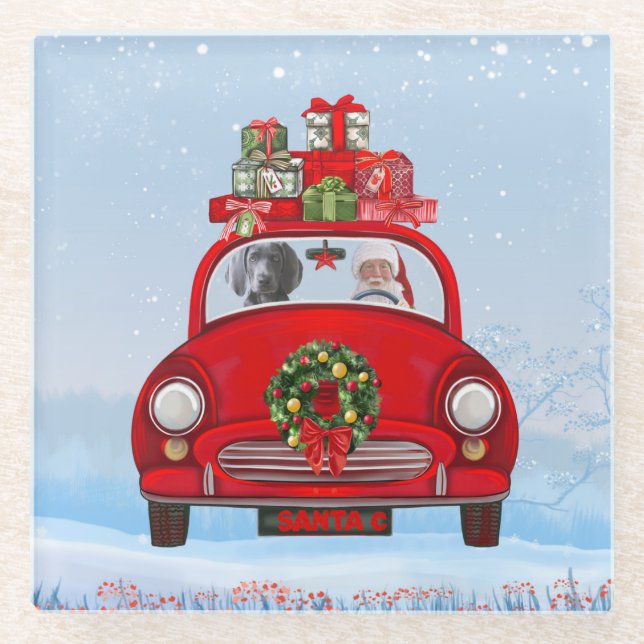 Weimaraner Hund im Auto mit dem Weihnachtsmann Glasuntersetzer (Vorderseite)