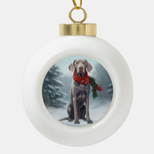 Weimaraner Hund im Schnee Weihnachten Keramik Kugel-Ornament (Vorderseite)