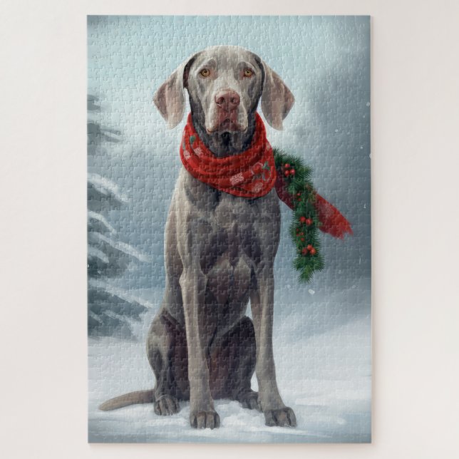 Weimaraner Hund im Schnee Weihnachten Puzzle (Vertikal)