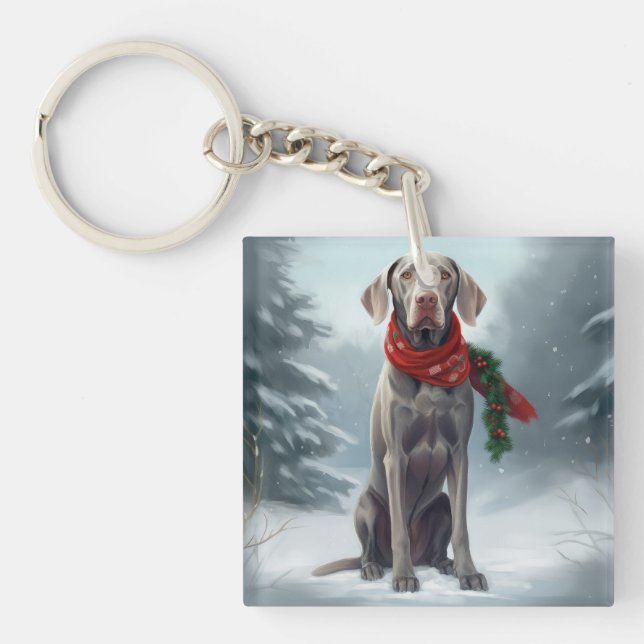 Weimaraner Hund im Schnee Weihnachten Schlüsselanhänger (Vorderseite)