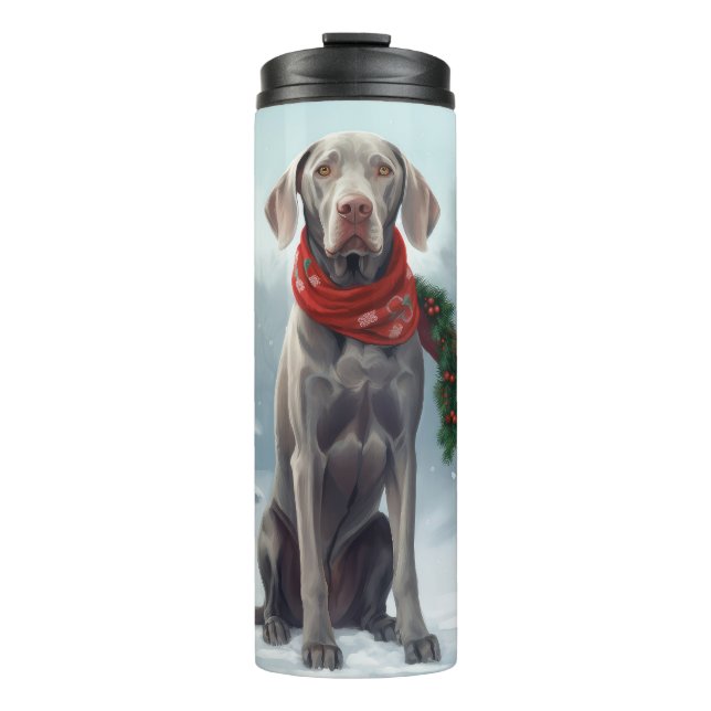 Weimaraner Hund im Schnee Weihnachten Thermosbecher (Vorderseite)