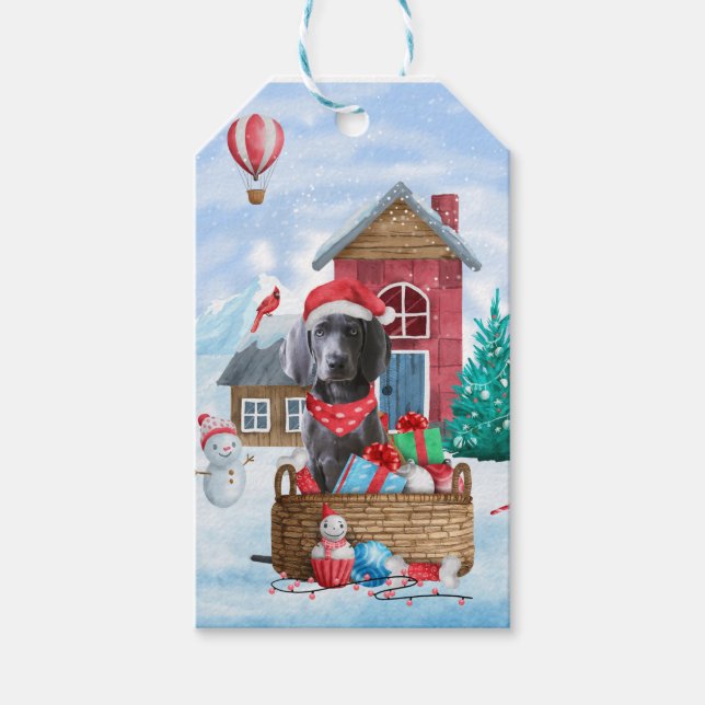 Weimaraner Hund im Schnee Weihnachtshaus Geschenkanhänger (Vorderseite)