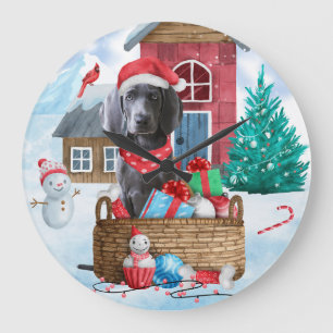 Weimaraner Hund im Schnee Weihnachtshaus Große Wanduhr