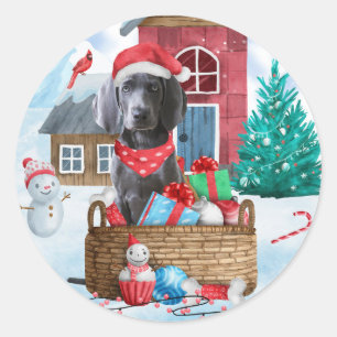 Weimaraner Hund im Schnee Weihnachtshaus Runder Aufkleber
