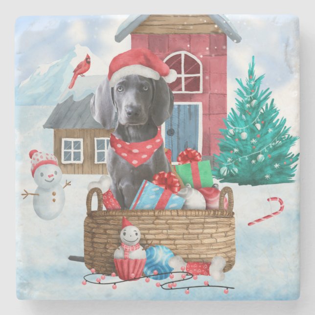 Weimaraner Hund im Schnee Weihnachtshaus Steinuntersetzer (Vorderseite)