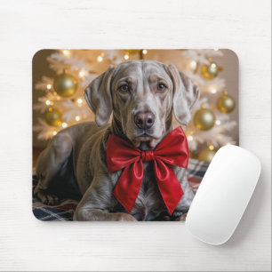 Weimaraner-Hund mit roter Schleife zu Weihnachten Mousepad