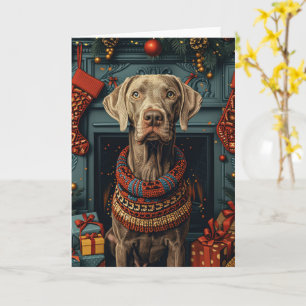Weimaraner Hund mit Weihnachtsgeschenke Feuerplatz Karte