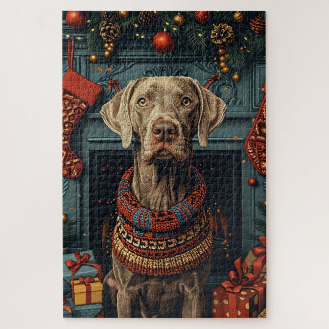 Weimaraner Hund mit Weihnachtsgeschenke Feuerplatz Puzzle (Vertikal)