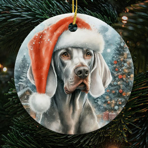 Weimaraner Hund mit Weihnachtsmannmütze Weihnachte Keramik Ornament