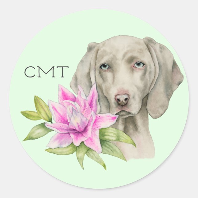 Weimaraner Hund und Lily Watercolor | Monogramm Runder Aufkleber (Vorderseite)