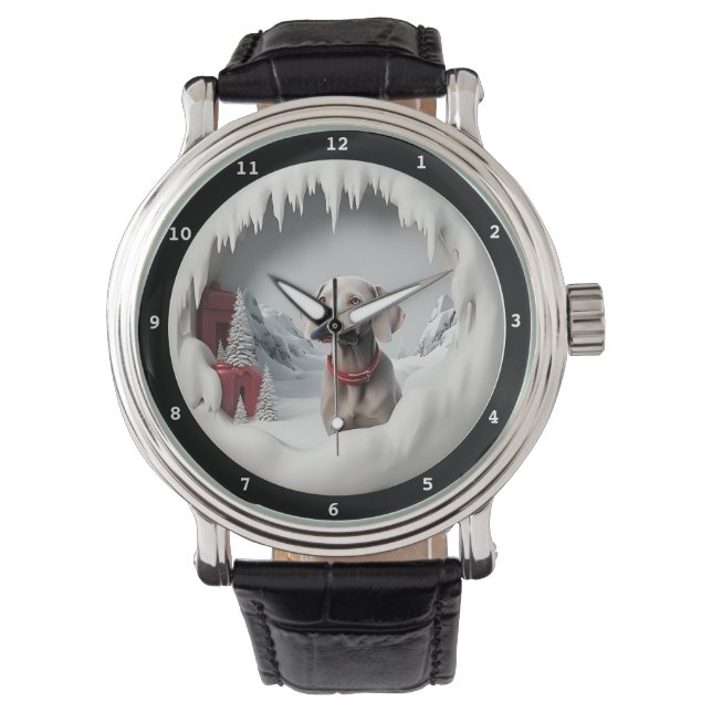 Weimaraner-Hund Winterlandschaft Armbanduhr (Vorderseite)