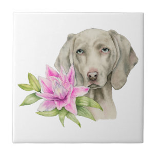 Weimaraner Hunde-und Lilien-Aquarell-Malerei Fliese