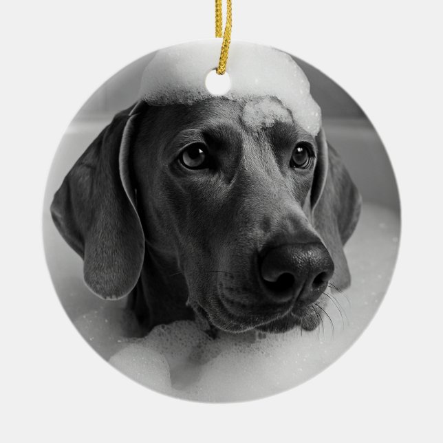 Weimaraner im Bad mit Blasen auf dem Kopf Keramik Ornament (Vorne)