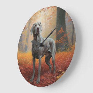 Weimaraner im Herbst inspiriert vom Laubfall Große Wanduhr