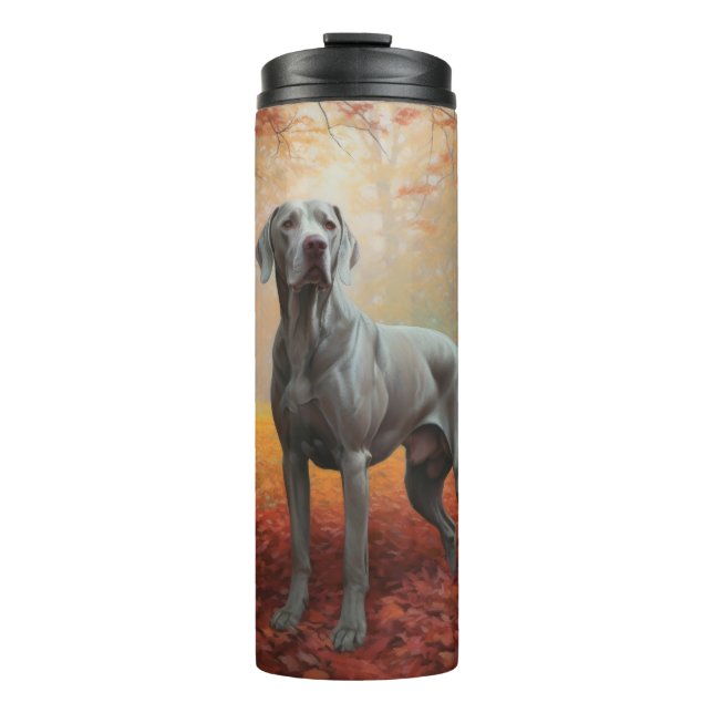 Weimaraner im Herbst Leaves Fall Inspiriert Thermosbecher (Vorderseite)