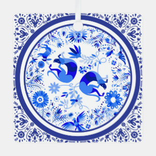 Weimaraner, Kaninchen und Vögel Otomi Blau & Weiß Ornament Aus Metall