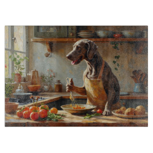 Weimaraner kocht in der Küche Schneidebrett