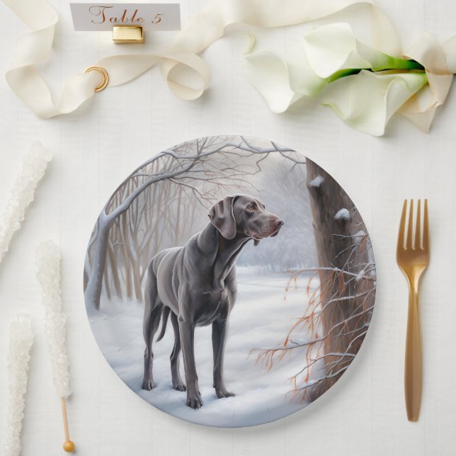 Weimaraner lassen es Schnee Weihnachten Pappteller (Hochzeit)