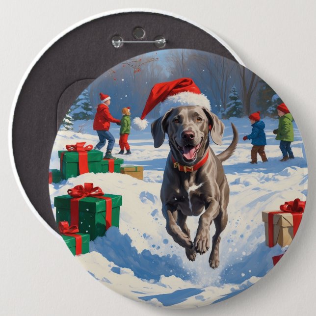 Weimaraner läuft im Schnee mit Weihnachtshut Button (Vorne & Hinten)