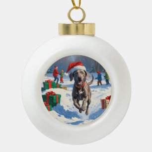 Weimaraner läuft im Schnee mit Weihnachtshut Keramik Kugel-Ornament