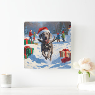 Weimaraner läuft im Schnee mit Weihnachtshut Quadratische Wanduhr