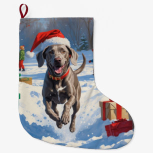 Weimaraner läuft im Schnee mit Weihnachtsmütze Großer Weihnachtsstrumpf
