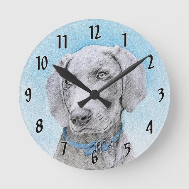 Weimaraner Malerei - Niedliche Original Hunde Kuns Runde Wanduhr (Vorderseite)