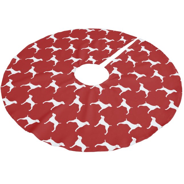 Weimaraner Silhouette-Muster-Rot Polyester Weihnachtsbaumdecke (Schrägansicht)