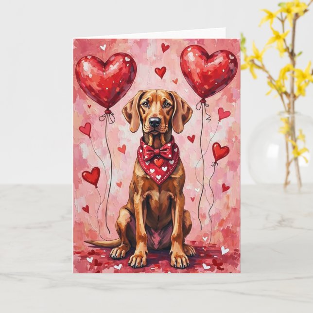 Weimaraner Valentine Dog Sitting with Hearts Red Karte (Gelbe Blume)