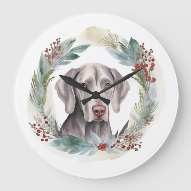 Weimaraner Weihnachtskraut Festliche Jungfrau Große Wanduhr (Vorderseite)