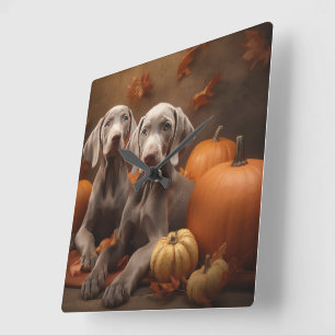 Weimaraner Welpe Herbstvergnügen Kürbis Quadratische Wanduhr