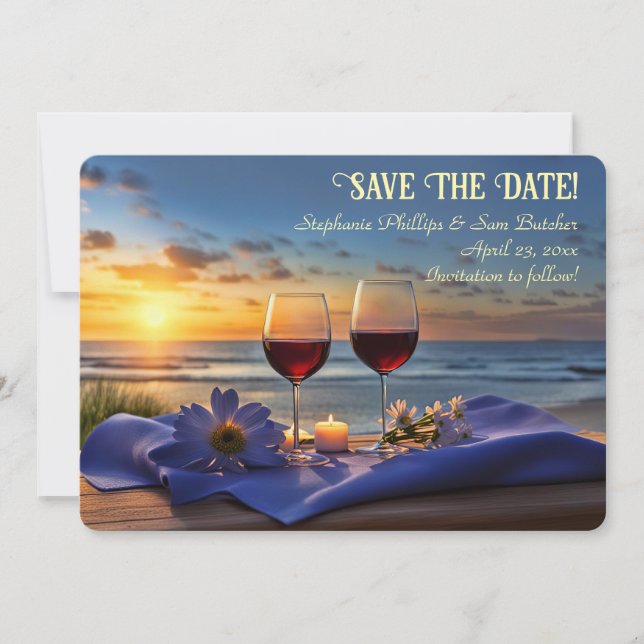 Wein am Strand beim Sonnenuntergang Datum merken Einladung (Vorderseite)