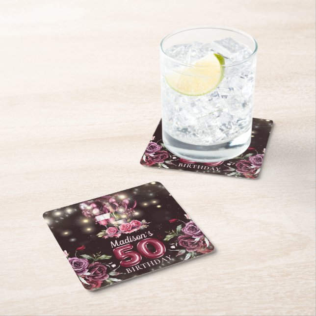 Wein & Balloons 50. Geburtstag Personalisiert Rechteckiger Pappuntersetzer (Vor Ort)