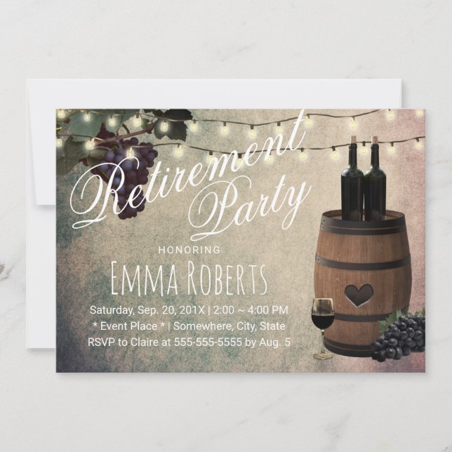 Wein Barrel Trauben Vintages Ruhestand Party Einladung (Vorderseite)
