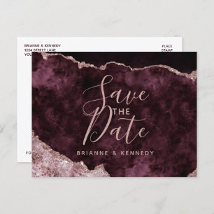 Wein Burgund Rose Gold Agate Marmor Save the Date Ankündigungspostkarte