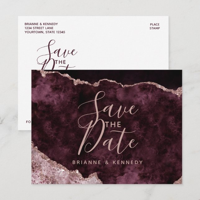 Wein Burgund Rose Gold Agate Marmor Save the Date Ankündigungspostkarte (Vorne/Hinten)