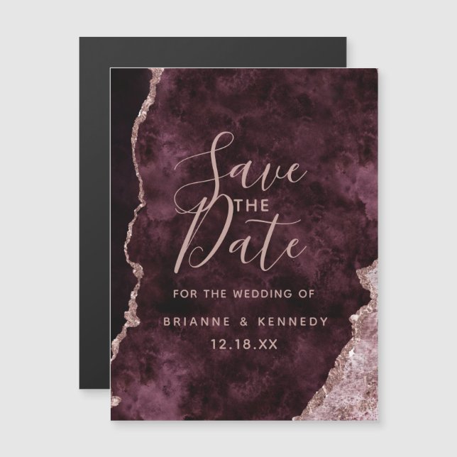 Wein Burgund Rose Gold Agate Marmor Save the Date Magneteinladung (Vorne/Hinten)