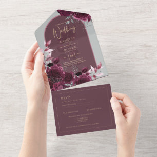 Wein Burgunder Rosen Gold Text Hochzeit EINLADUNG
