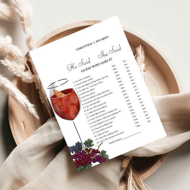 Wein Er sagte, sie sagte, Brautparty-Spielkarte Ankündigung (Von Creator hochgeladen)