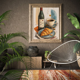 Wein Flasche, Kaffee und Croissant Wandbild Poster