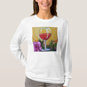 Wein-Glas u. rosa Rosen-Damen-lange Hülse T-Shirt